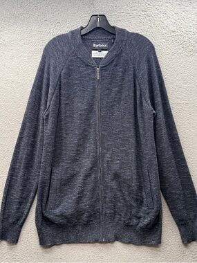 Barbour Cardigan Jacket Blouson Full Zip Gray Blue 100% Cotton Knit Men Size L